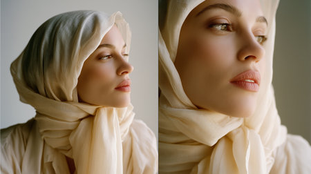 Portrait of a woman wearing a light scarf in a serene indoor setting during daylightの素材