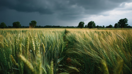 Storm clouds gather over a golden wheat field before an impending rainstormの素材