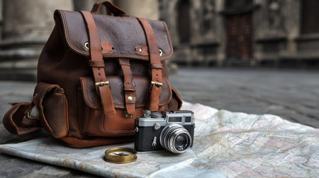 Travel gear setup with a vintage camera and map on cobbled streetの素材