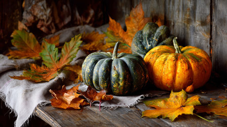 Colorful pumpkins and autumn leaves arranged on a rustic wooden shelfの素材