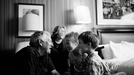 Grandparents joyfully interacting with grandchildren in a cozy hotel roomの素材