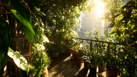 Lush balcony garden filled with plants and sunlight in an urban settingの素材