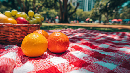 Fresh fruits arranged on a picnic blanket in a park during a sunny dayの素材