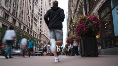 Runner navigating a busy urban street lined with colorful flower plantersの素材