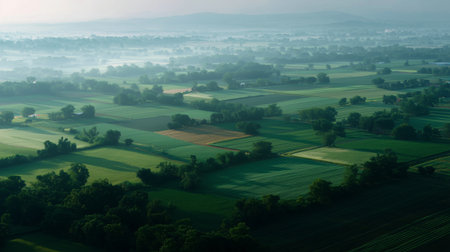 Vast green fields with morning mist in rural landscape at dawnの素材