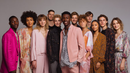 Group of young models posing together in stylish outfits during a fashion shootの素材