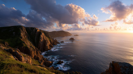 Scenic coastal view at sunset with cliffs and calm ocean waves in the distanceの素材