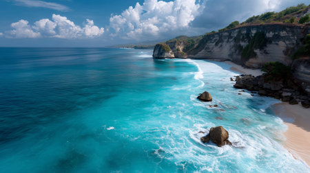 Picturesque coastline with turquoise waters and rocky formations near a beachの素材