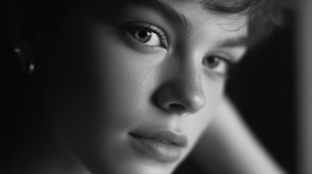 Close-up portrait of a young woman showcasing natural beauty and expressive eyesの素材