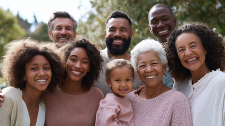 Family gathering smiles in a sunny park during summer afternoonの素材