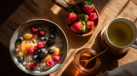Healthy breakfast with oatmeal, fresh fruits, and tea in a cozy morning settingの素材