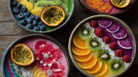 Bowls filled with colorful fruit slices and vibrant toppings arranged on a wooden tableの素材