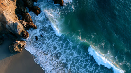 Waves crashing onto rocky shoreline with gentle tides at sunsetの素材