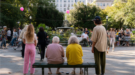 People enjoying a sunny day in a park while standing near a fountainの素材