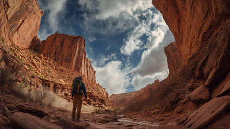 Hiker explores narrow canyon under dramatic cloudy sky in early afternoon lightの素材