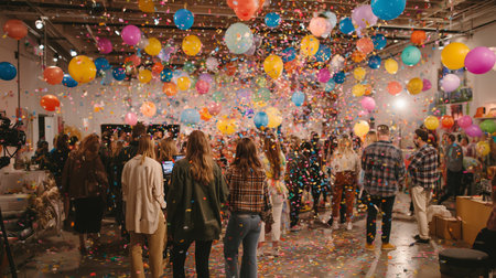 Colorful celebration with balloons and confetti in a lively indoor venue during an eventの素材