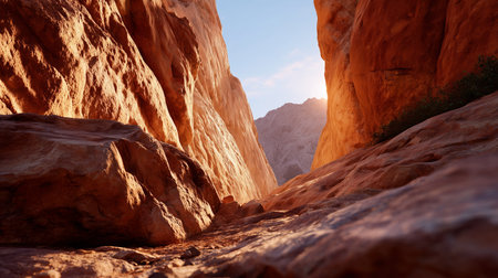 Sunlight filters through rocky canyon walls during golden hour in a serene desert landscapeの素材