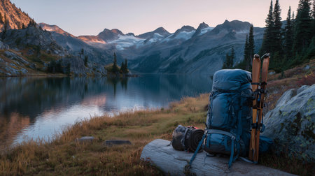 Mountain lake at dawn with backpack and skis ready for adventureの素材