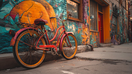 Colorful bike rests beside vibrant street art in a lively urban alleywayの素材