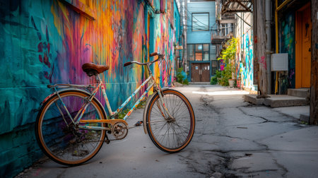 Colorful alleyway with a vintage bicycle against vibrant street art in a cityの素材