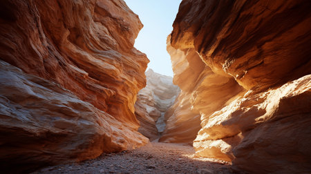 Scenic view of a narrow canyon illuminated by sunlight during daytime explorationの素材