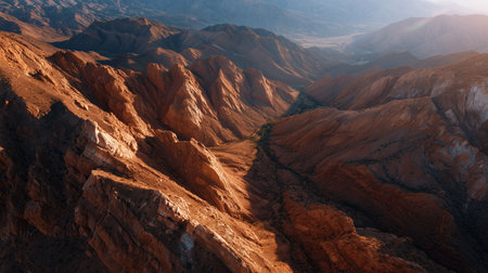 Stunning landscape of rocky mountains with warm hues in early morning lightの素材