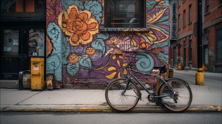 Colorful mural beside a parked bicycle on a city street during twilight hoursの素材