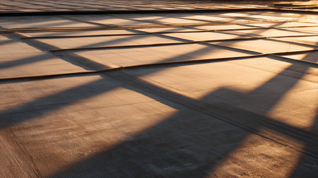Sunset shadows cast across a textured surface in an outdoor settingの素材