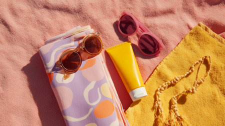 Summer beach essentials including sunglasses, sunscreen, and towels set on a vibrant blanketの素材