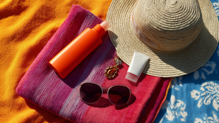 Summer beach essentials laid out on a colorful towel in bright sunlightの素材