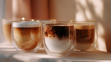 Four coffee drinks in glass cups with layers sitting on a counter in warm sunlightの素材