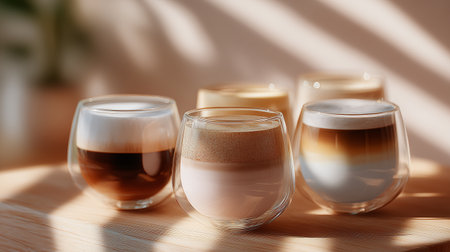 Variety of coffee drinks displayed in clear glass cups on a sunlit tableの素材