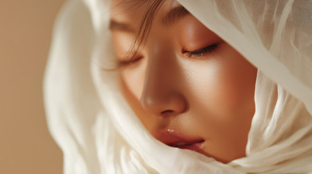 Portrait of a woman with a delicate white scarf highlighting her features and serene expressionの素材