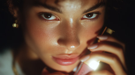 Close-up of a young woman speaking on a phone with a focused expression at nightの素材