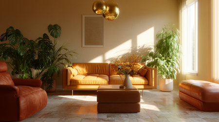 Cozy living room with warm colors and natural light in a modern home settingの素材