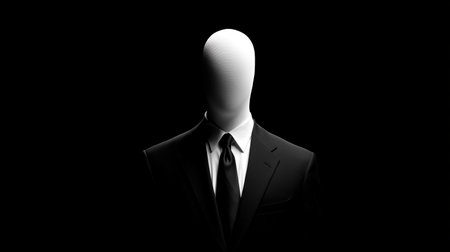 Mysterious figure in black suit stands against a dark background creating an eerie atmosphereの素材