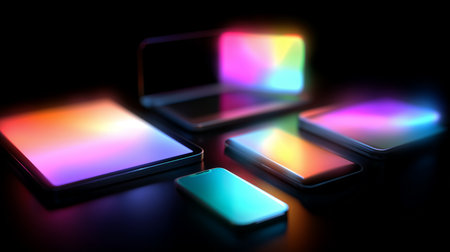 Various electronic devices glowing with vibrant colors on a dark backgroundの素材