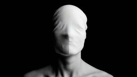 Human figure with covered face standing against a black background during a creative art projectの素材