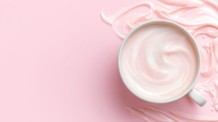 Delicate pink whipped cream in a white cup against a soft pastel pink backgroundの素材