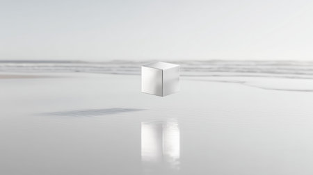 Floating silver cube on a calm beach reflecting in the gentle waves at sunsetの素材
