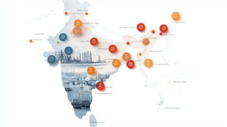 Map highlighting key locations and industries across India with detailed icons and symbolsの素材