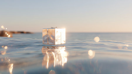 Shimmering gift box floats gently on calm water during sunsetの素材