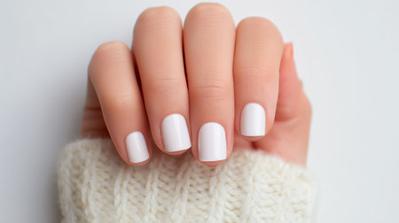 Elegant white nails showcase a trendy manicure on a cozy sweater backgroundの素材