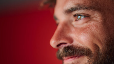 Smiling man with a beard enjoying a moment in front of a red backgroundの素材