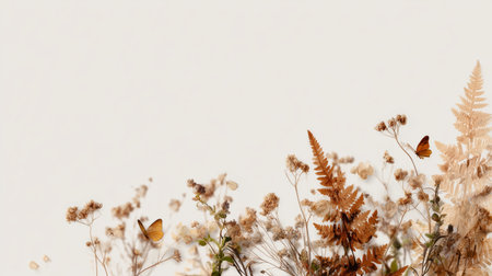 Delicate butterflies and dried flowers create a serene atmosphere in natureの素材