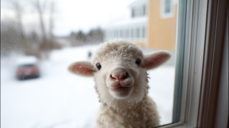 Curious lamb peers through window during snowy winter day in rural areaの素材