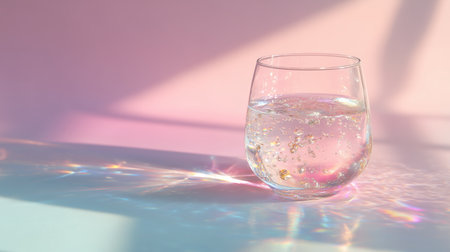 Bubbly water in a glass creates colorful reflections on a soft surfaceの素材