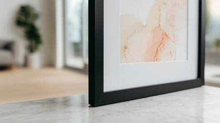 Elegant framed artwork displayed on a marble surface in a bright modern spaceの素材