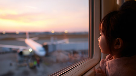 Child gazing out of airport window at sunset during travel anticipationの素材