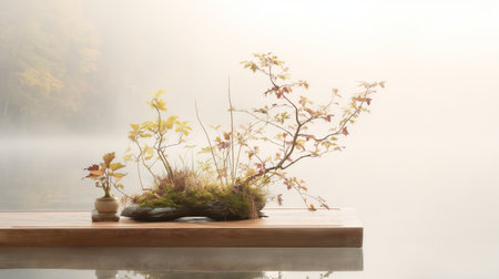 Natural arrangement of plants on a wooden surface by a foggy lake at dawnの素材